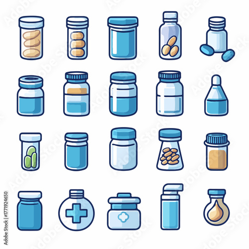 Collection of various medical and pharmaceutical containers and bottles for medicine and pills