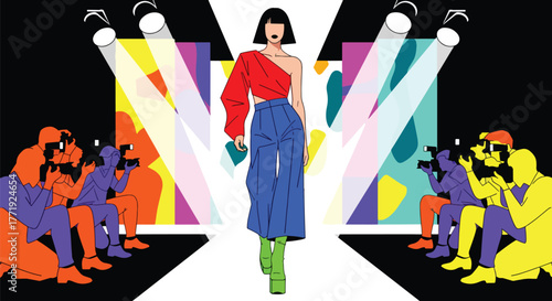 Flat vector of model walking fashion runway with photographers and lights, elegance and glamour concept