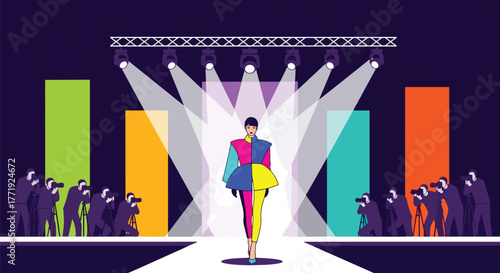 Flat vector of model walking fashion runway with photographers and lights, elegance and glamour concept