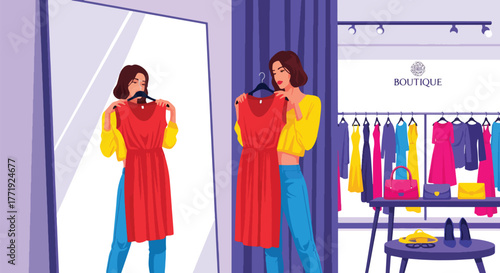 Flat vector of woman trying new dress in fitting room mirror, shopping and personal fashion concept