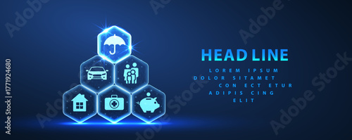 Complex insurance plan. Hexagons made pyramid with umbrella icon on the top element. Virtual AI assistant, Insurance system, Artificial agent, digital technology, AI integrate, futuristic service

