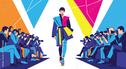 Flat vector of model walking fashion runway with photographers and lights, elegance and glamour concept