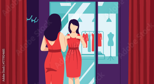 Flat vector of woman trying new dress in fitting room mirror, shopping and personal fashion concept