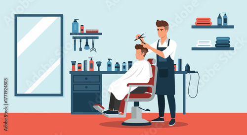 Flat vector of barber cutting man’s hair in modern barbershop, men’s grooming and style concept