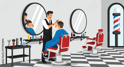 Flat vector of barber cutting man’s hair in modern barbershop, men’s grooming and style concept