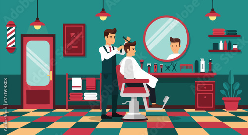 Flat vector of barber cutting man’s hair in modern barbershop, men’s grooming and style concept