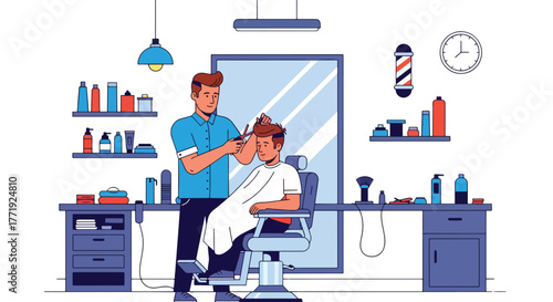 Flat vector of barber cutting man’s hair in modern barbershop, men’s grooming and style concept