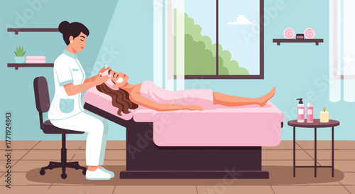 Flat vector of skincare therapist giving facial treatment in spa room, relaxation and wellness illustration
