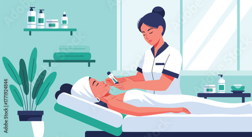 Flat vector of skincare therapist giving facial treatment in spa room, relaxation and wellness illustration