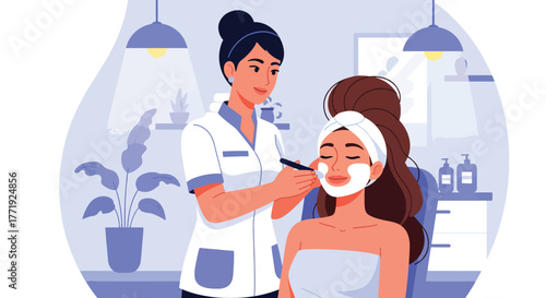 Flat vector of skincare therapist giving facial treatment in spa room, relaxation and wellness illustration