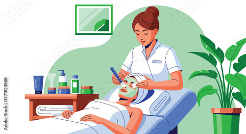 Flat vector of skincare therapist giving facial treatment in spa room, relaxation and wellness illustration