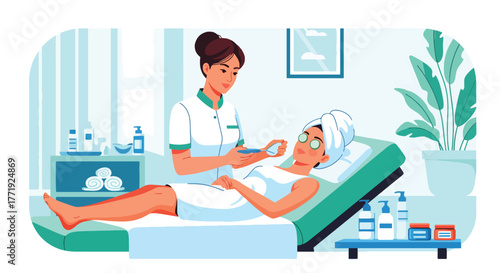 Flat vector of skincare therapist giving facial treatment in spa room, relaxation and wellness illustration