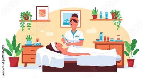 Flat vector of skincare therapist giving facial treatment in spa room, relaxation and wellness illustration