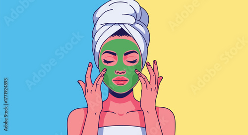 Flat vector of woman applying facial mask, home skincare routine and relaxation illustration