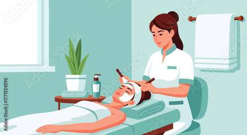 Flat vector of skincare therapist giving facial treatment in spa room, relaxation and wellness illustration