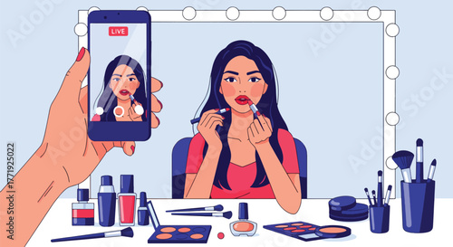Flat vector of beauty influencer filming makeup tutorial with smartphone and ring light setup, content creation and digital marketing theme