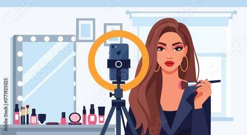 Flat vector of beauty influencer filming makeup tutorial with smartphone and ring light setup, content creation and digital marketing theme