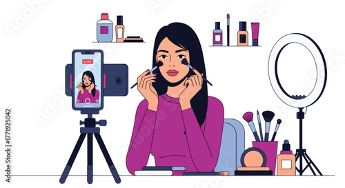 Flat vector of beauty influencer filming makeup tutorial with smartphone and ring light setup, content creation and digital marketing theme