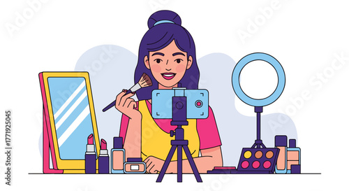 Flat vector of beauty influencer filming makeup tutorial with smartphone and ring light setup, content creation and digital marketing theme