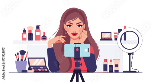 Flat vector of beauty influencer filming makeup tutorial with smartphone and ring light setup, content creation and digital marketing theme