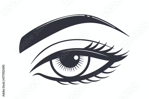 Single eye with dark eyebrow and long lashes rendered in monochrome simplicity shows beauty