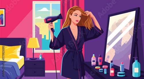 Flat style vector of woman using hair dryer in front of mirror, home morning beauty routine scene