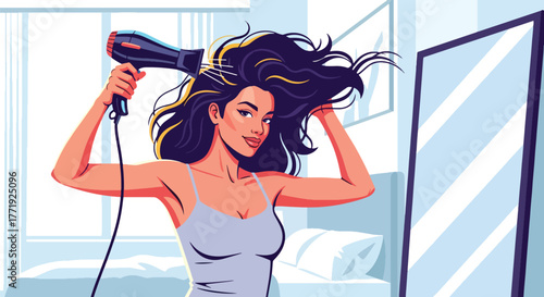 Flat style vector of woman using hair dryer in front of mirror, home morning beauty routine scene