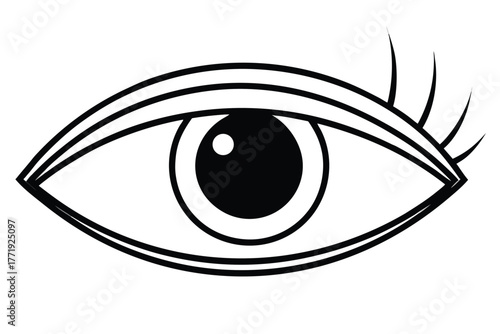 Single eye outlined in black and white shows long eyelashes, creating a minimal artwork