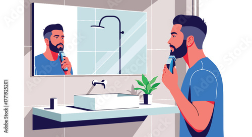 Flat vector of man trimming beard with electric shaver in front of mirror, men’s fashion and self-care theme