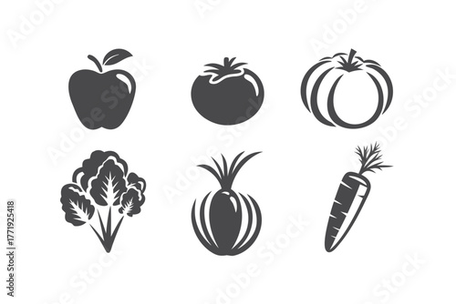 Six gray vegetable and fruit icons show an apple, tomato, pumpkin, lettuce, onion, and carrot