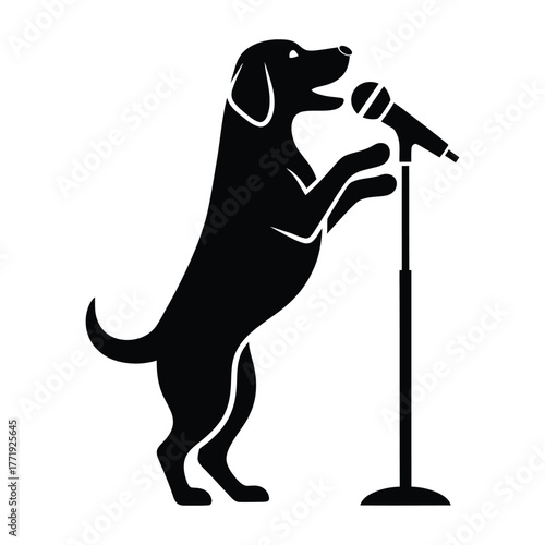 A black labrador retriever singing into a microphone on a stand, the dog is performing with passion and energy