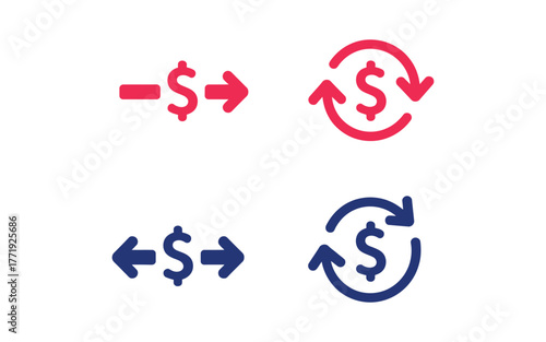 Four icons represent financial transactions with dollar signs and arrows.