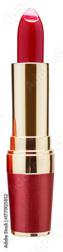 Close-up of a luxurious red lipstick, open with visible texture, gold frame, soft studio lighting, transparent background.