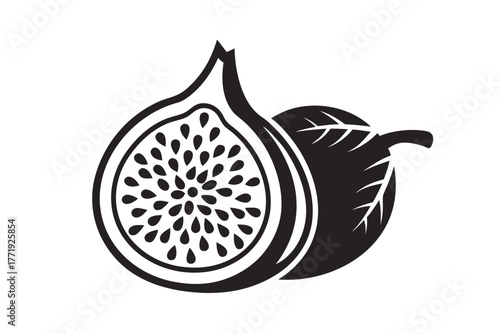 Sliced fig with seeds and leaf displays monochrome simplicity with bold, minimalist charm