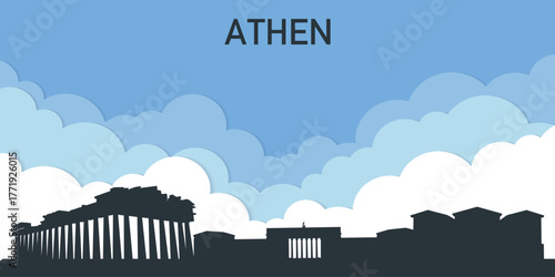 The skyline of Athens against a blue sky with clouds.