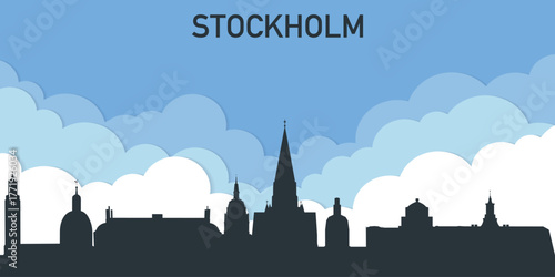Silhouette of Stockholm skyline against a blue sky with clouds.