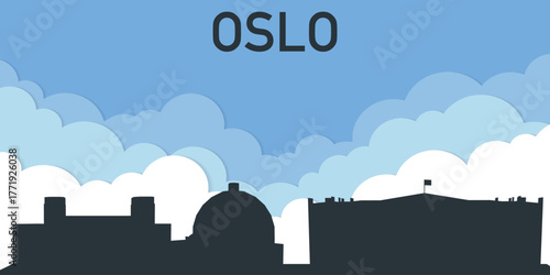 The skyline of Oslo against a blue sky with clouds.