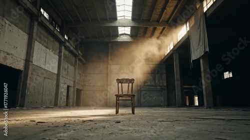 Lonely chair in abandoned warehouse with dust floating in sunlight — concept of solitude and memory