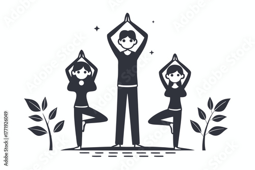 Smiling man and two women perform the tree yoga pose in nature together