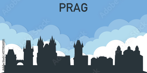 Silhouette of Prague skyline against a blue sky with clouds.