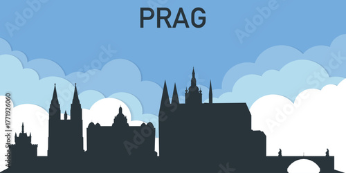 Foto Silhouette of Prague skyline against a blue sky with clouds.