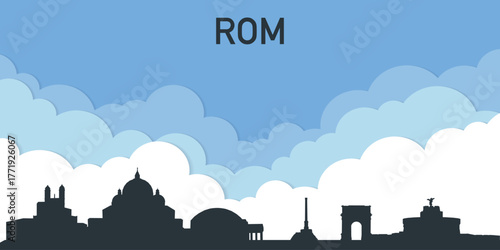 The skyline of Rome against a blue sky with clouds.