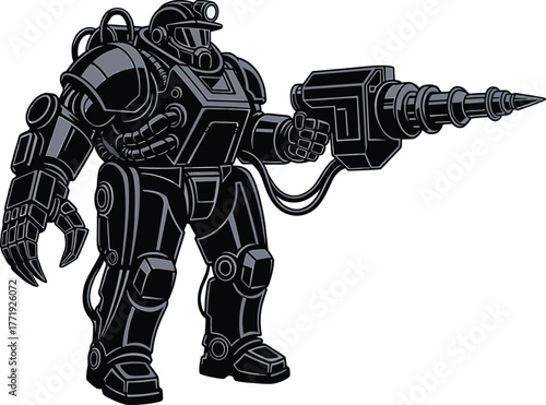 Black robot with a large drill and claw hand vector, robot, black, drill, claw, hand, mechanical, futuristic, technology, science fiction, illustration, character, industrial, heavy, strong, powerful,