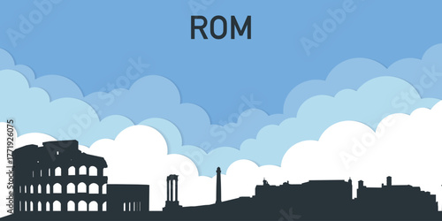 The skyline of Rome against a blue sky with clouds.