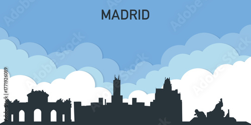  A minimalist vector panorama of Madrid, combining the historical and modern architecture of the Spanish capital.