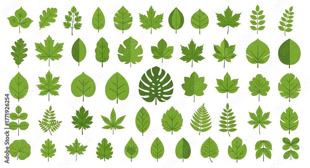 Fototapeta premium Green leaves big vector collection - Set of graphical elements with various leaf designs in different shapes and sizes. Flat design with white background