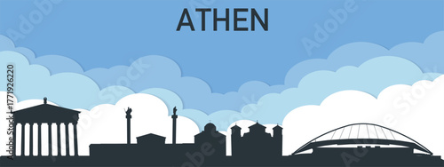 A stylized silhouette illustration of the Athens skyline against a blue sky with clouds.
