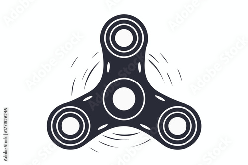 Spinning black and white fidget spinner rotates rapidly with motion on a white background