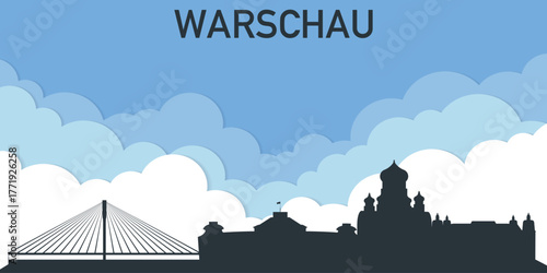 A stylized silhouette illustration of the Warsaw skyline against a blue sky with clouds. A minimalist graphic interpretation of the Warsaw panorama.