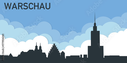 A stylized silhouette illustration of the Warsaw skyline against a blue sky with clouds. A minimalist graphic interpretation of the Warsaw panorama.